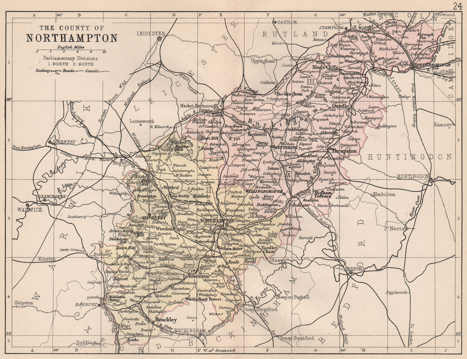 NORTHAMPTONSHIRE. County map. Railways canals. Constituencies. PHILIP 1882